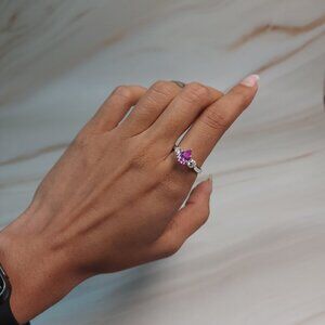 Created Pink Sapphire & Lab Grown Diamond Pear Round ring .925 Sterling Silver